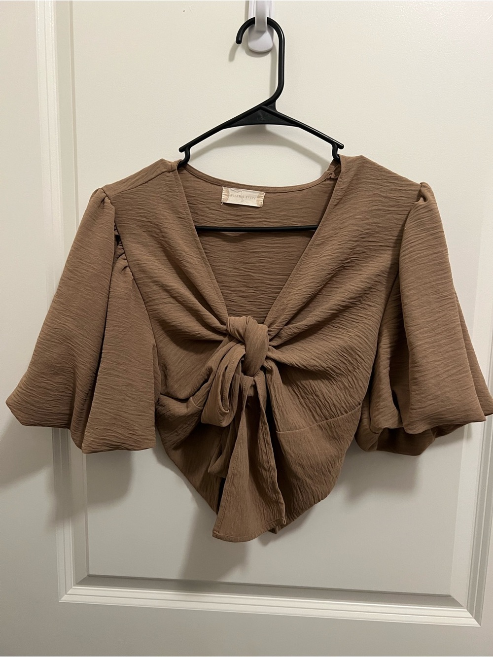 Altar'd State Taupe Brown Tie-Front Puff Sleeve Crop Top